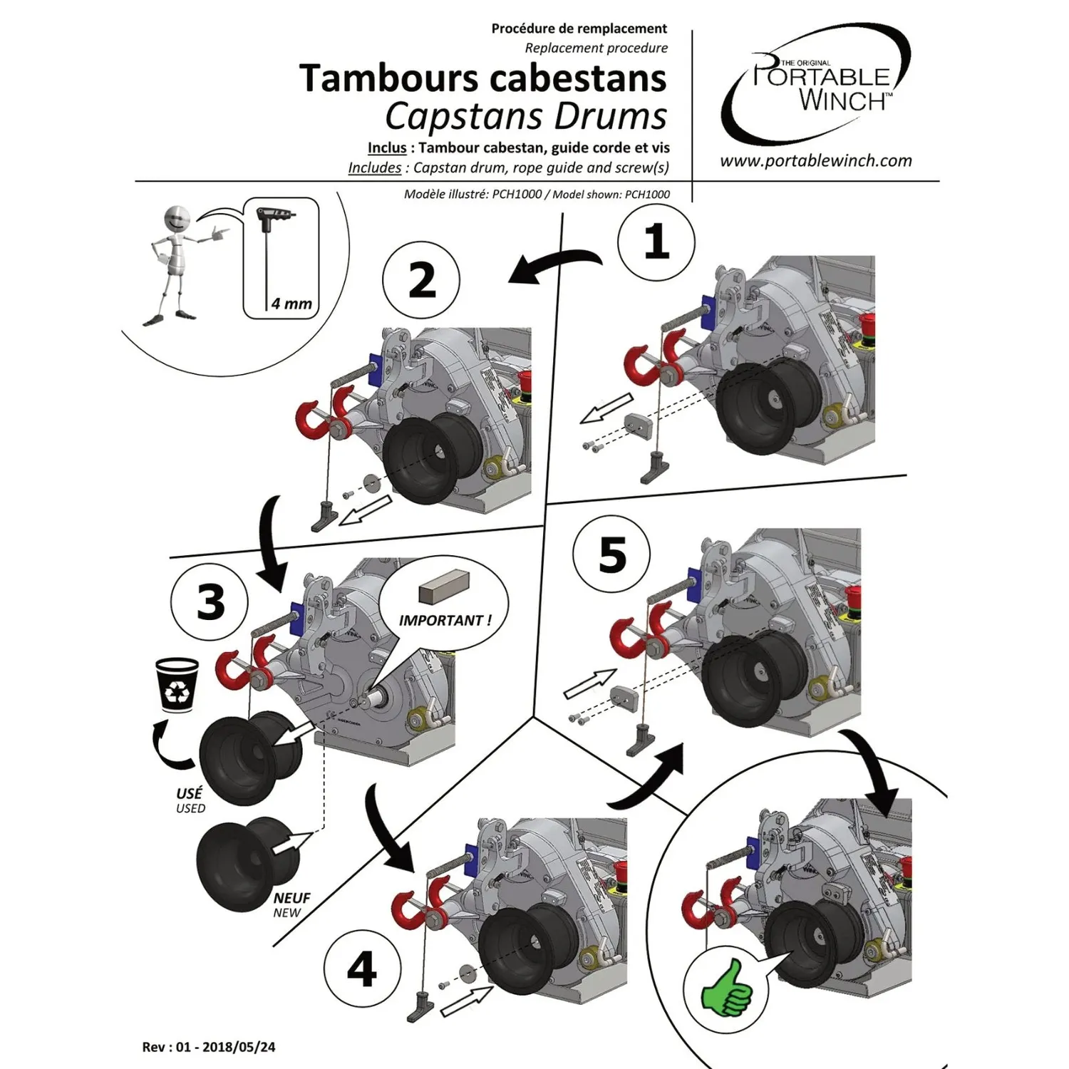 Portable Winch tambour cabestan avec guide corde