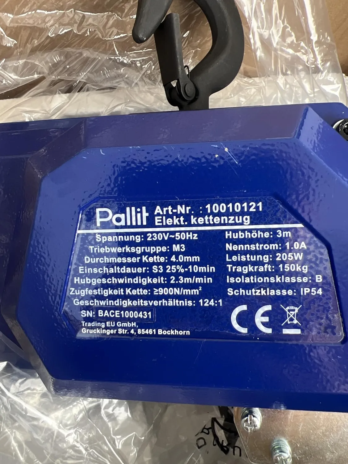 Pallit EHOIST palan chaîne électrique 150 kg 3 m