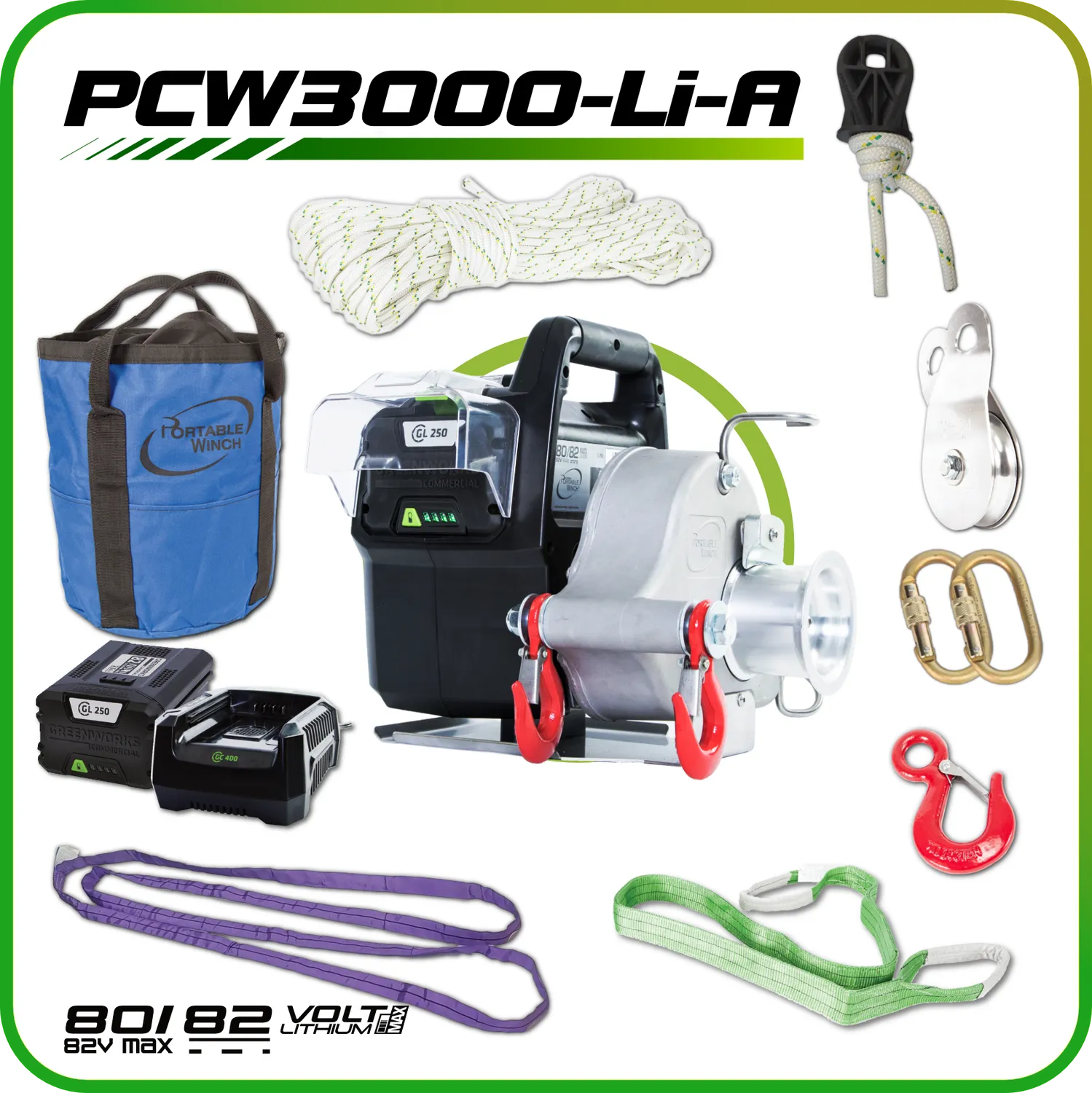 Portable Winch PCW3000-Li treuil batterie 82 V élingue