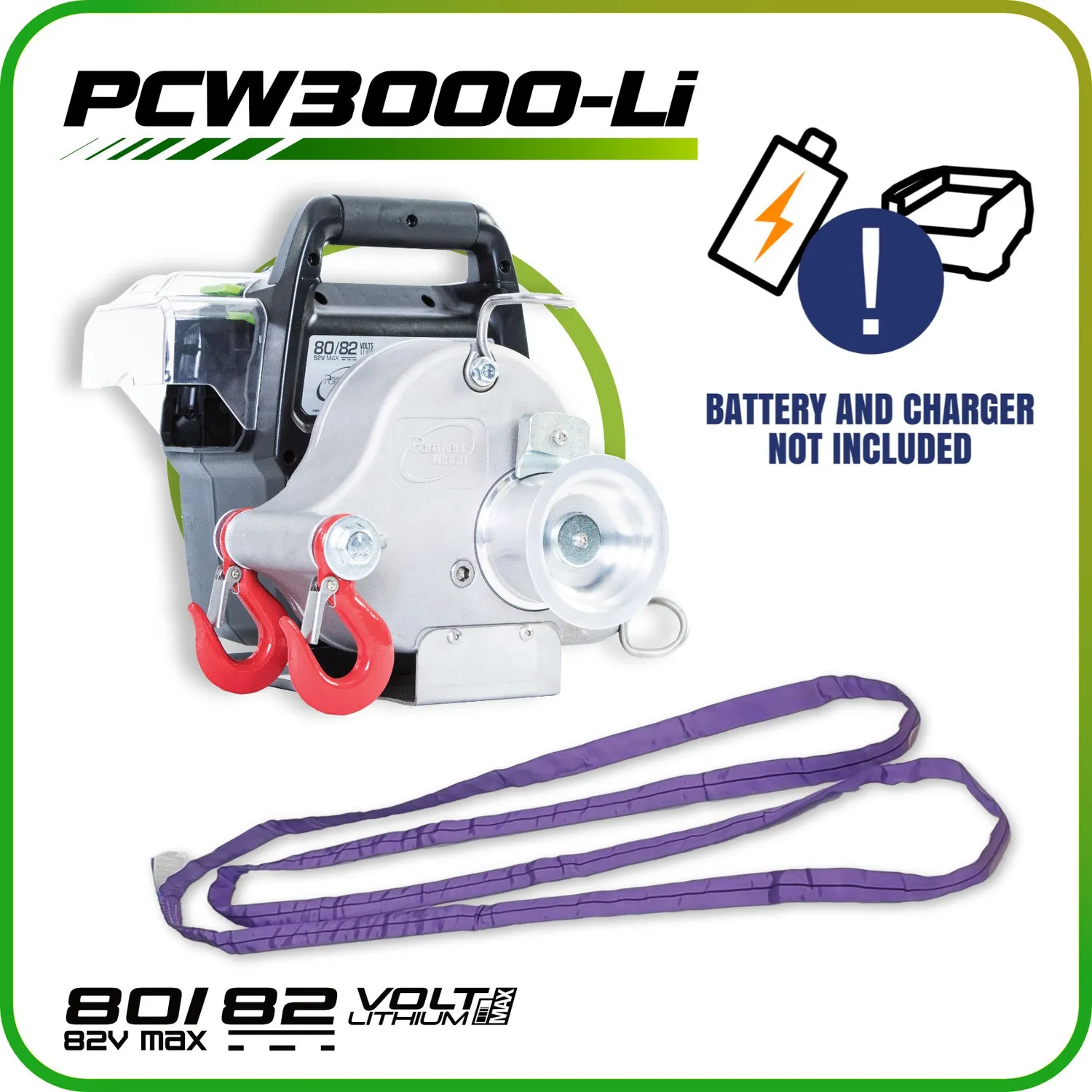 Portable Winch PCW3000-Li treuil batterie 82 V élingue