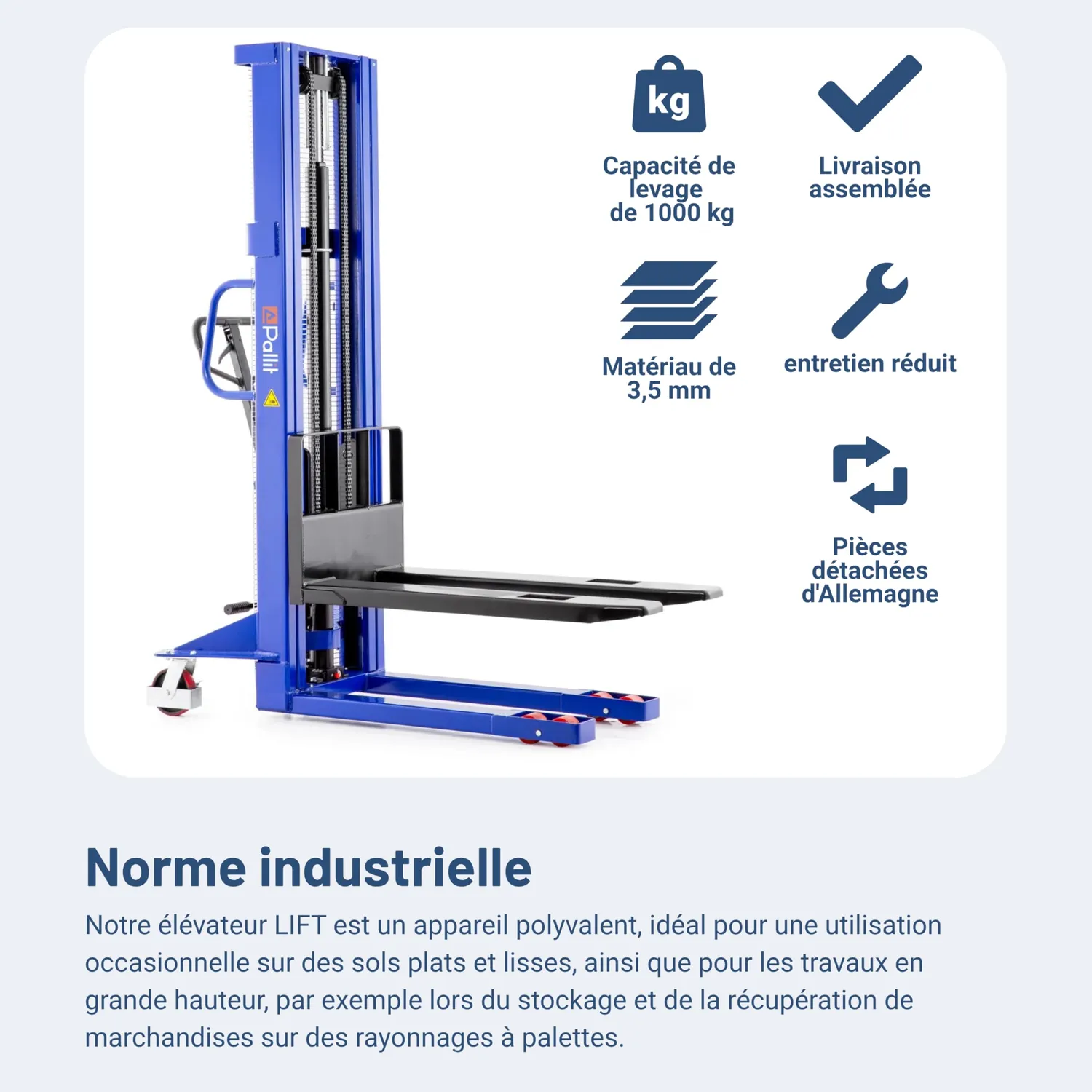 Pallit LIFT-XL gerbeur manuel 1000 kg hauteur 2,5 m