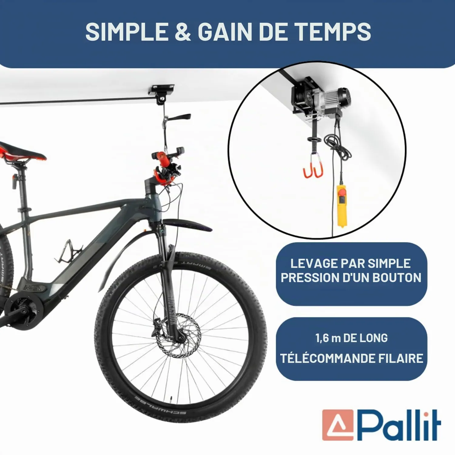Pallit palan électrique lève-vélo plafond 100 kg 3 m